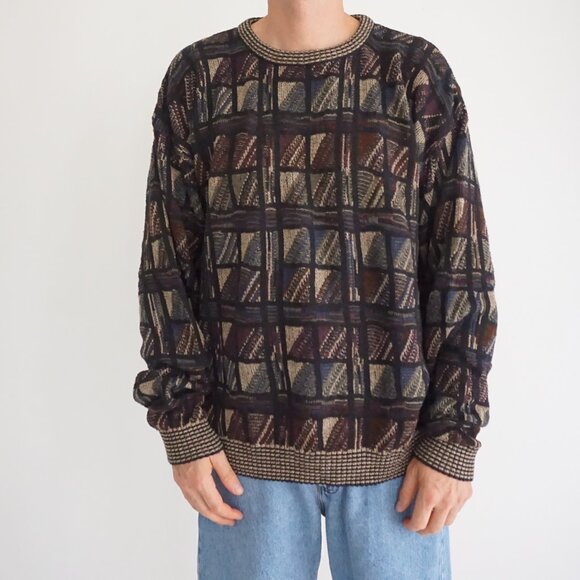 VTG TSR Textured Knit Sweater Brown Multi Retro Geometric Eclectic Grandpa XL - Picture 1 of 10